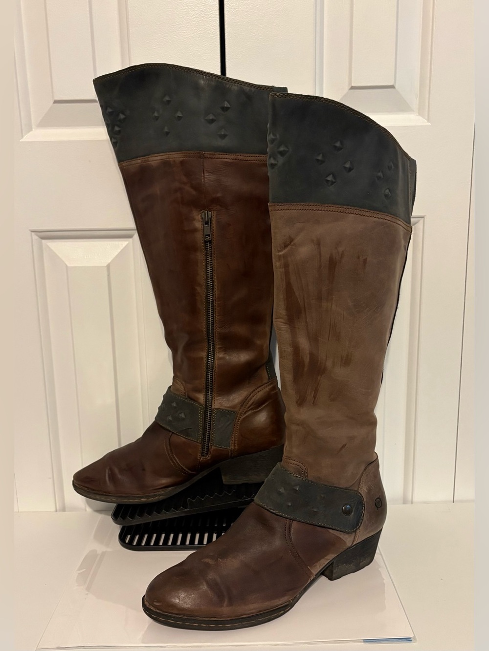 BORN, Two-Tone Brown Distressed Leather Knee-High Riding Boots